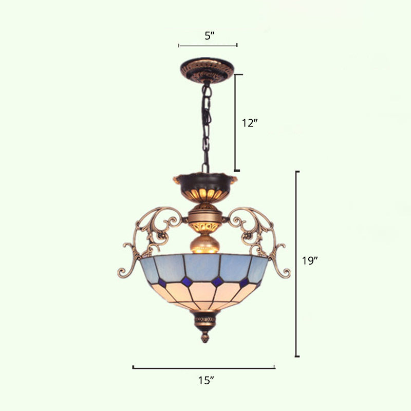 Inverted Dome Chandelier Light 3 Bulbs Gridded Glass Pendant Light Fixture for Entryway