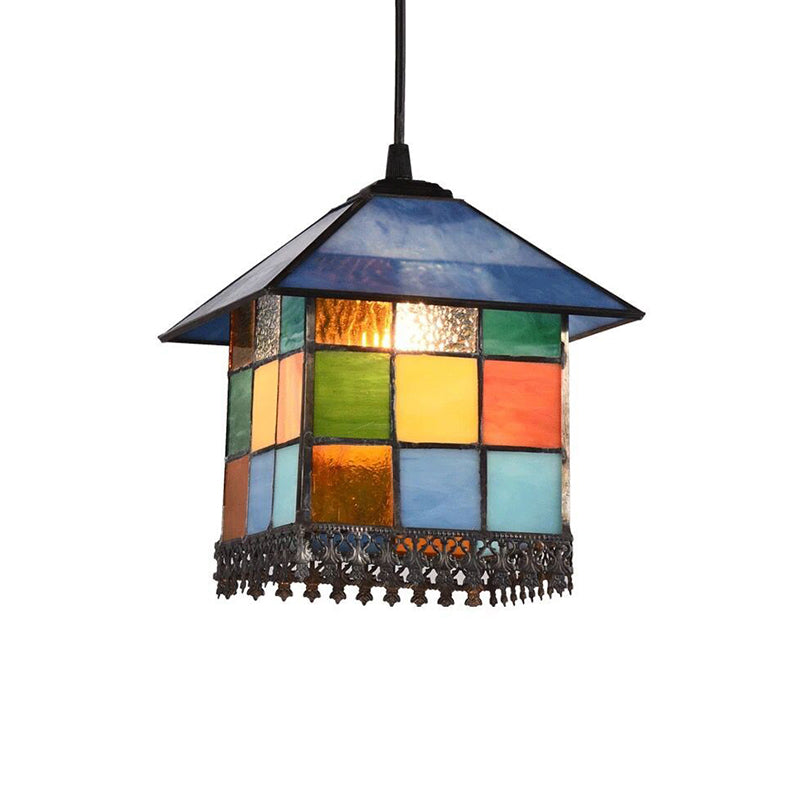 1-Light Suspension Lighting Vintage Stained Glass House Shade Pendant Ceiling Light