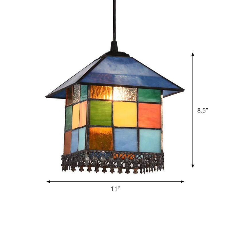 1-Light Suspension Lighting Vintage Stained Glass House Shade Pendant Ceiling Light