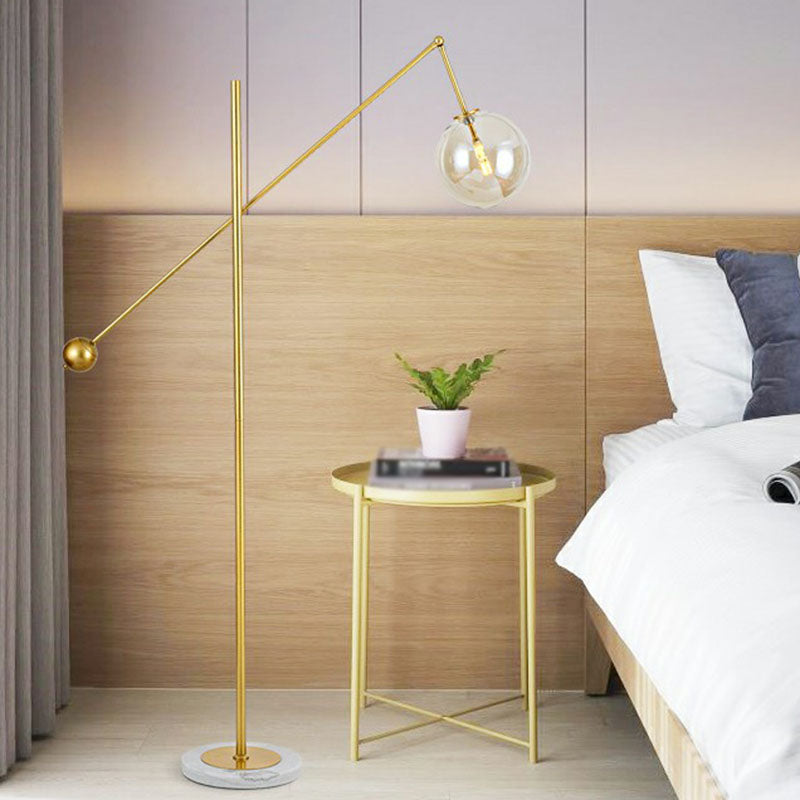 Brass Plated Balance Arm Floor Light Postmodern 1-Light Metal Stand Up Lamp with Spherical Glass Shade