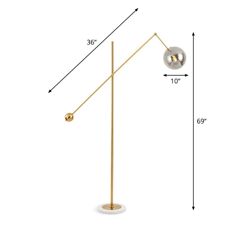 Brass Plated Balance Arm Floor Light Postmodern 1-Light Metal Stand Up Lamp with Spherical Glass Shade