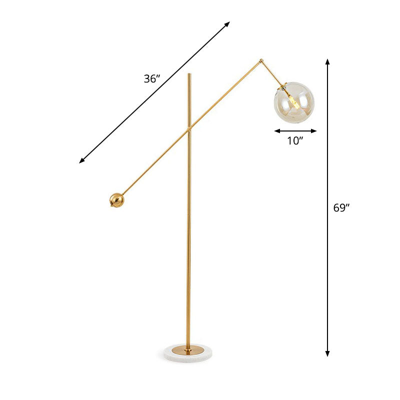 Brass Plated Balance Arm Floor Light Postmodern 1-Light Metal Stand Up Lamp with Spherical Glass Shade