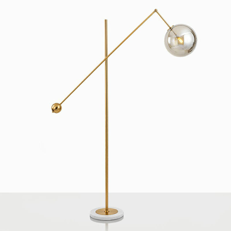 Brass Plated Balance Arm Floor Light Postmodern 1-Light Metal Stand Up Lamp with Spherical Glass Shade