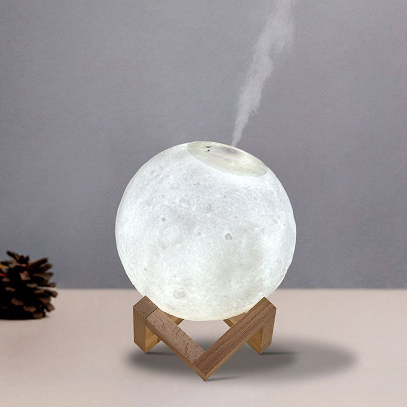 Lámpara de mesa humidificador de luna creativa nórdica de plástico de 1 cabeza de dormitorio iluminación nocturna en blanco con base de madera