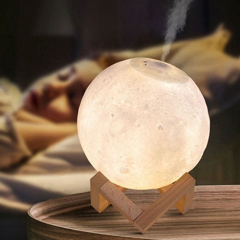 Lámpara de mesa humidificador de luna creativa nórdica de plástico de 1 cabeza de dormitorio iluminación nocturna en blanco con base de madera