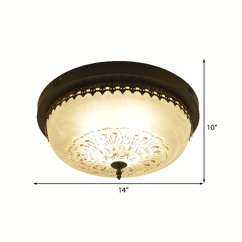 Bowl White Glass Flush Fixture Traditional 3/4 Lights Living Room Ceiling Lighting in Black, 14"/18" Wide