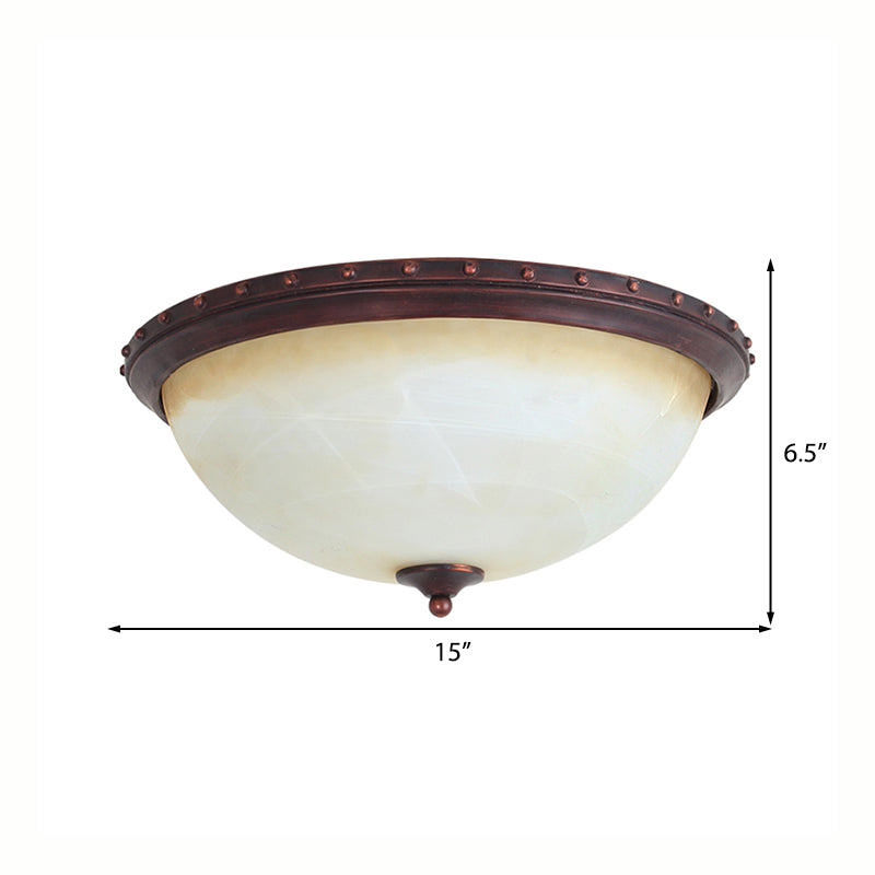 Plafoniera tradizionale in vetro bianco a forma di ciotola con illuminazione da incasso a 2/3 luci in bronzo per soggiorno, larghezza 15"/19"