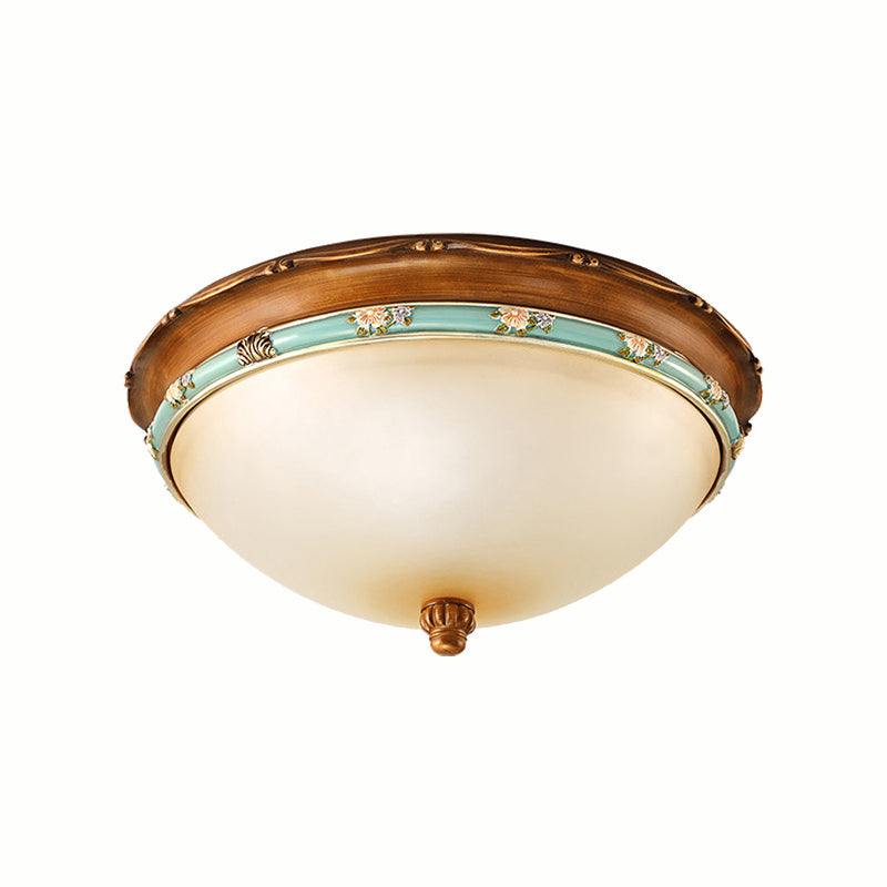 3 Lights Frosted Glass Flush Light Fixture Traditional Brown Bowl Shaped Bedroom Ceiling Lighting, 12.5"/16"/18.5" Wide