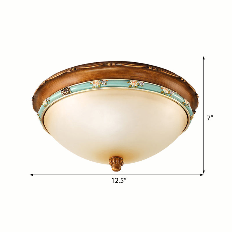 3 Lights Frosted Glass Flush Light Fixture Traditional Brown Bowl Shaped Bedroom Ceiling Lighting, 12.5"/16"/18.5" Wide