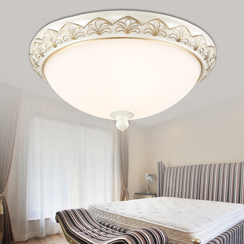 3 Lights Bowl Flush Mount Lamp Traditional White Glass Ceiling Mounted Fixture for Bedroom