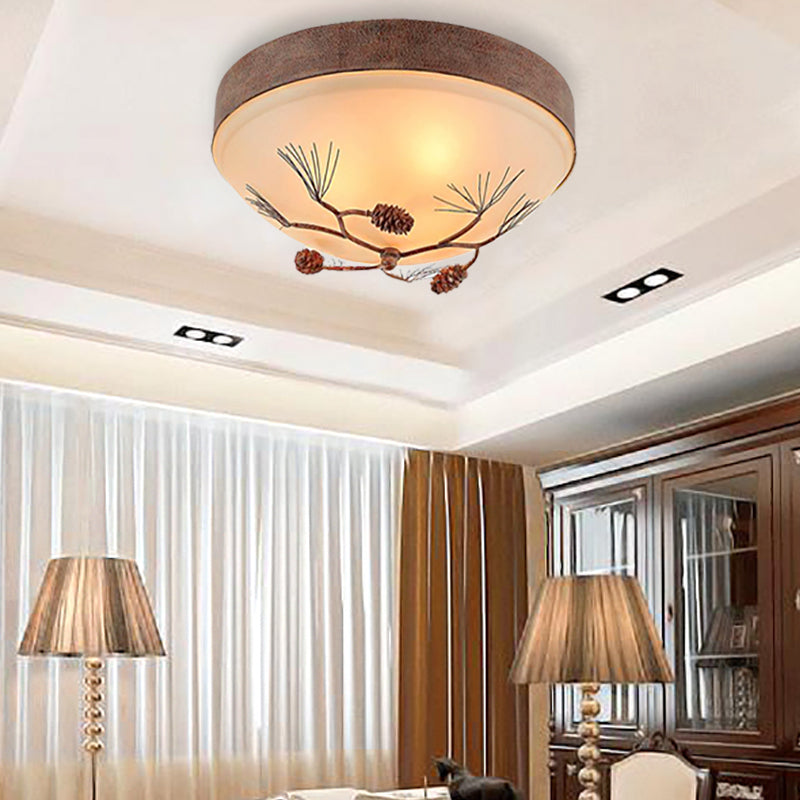 Beige 3 Lights Ceiling Mount Traditional Frosted Glass Drum Flush Light Fixture for Bedroom