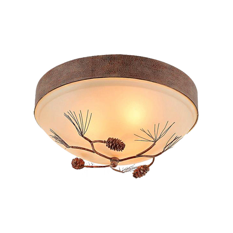 Beige 3 Lights Ceiling Mount Traditional Frosted Glass Drum Flush Light Fixture for Bedroom