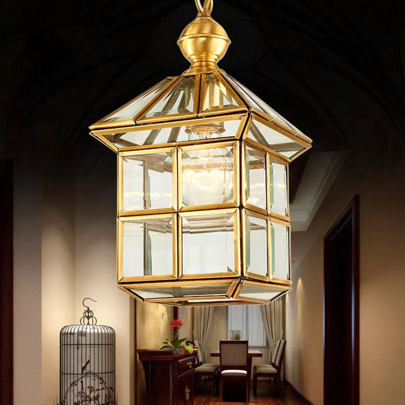 Lumo a sospensione tradizionale a forma di casa Lampada appesa al vetro in ottone per foyer