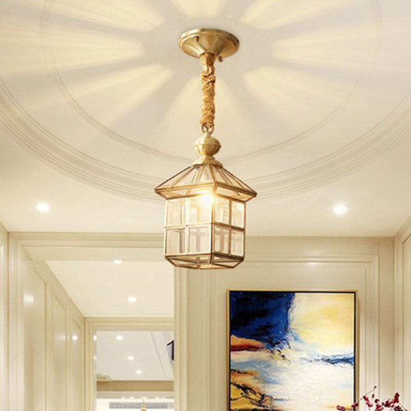 Lumo a sospensione tradizionale a forma di casa Lampada appesa al vetro in ottone per foyer