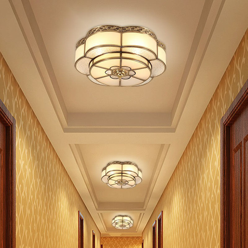 Flower Corridor Ceiling Mount Lamp Traditional Frost Glass Brass Finish Flush Light Fixture