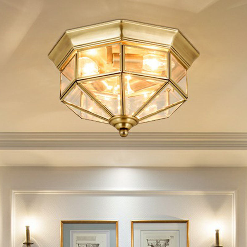 Octagonal Foyer Flush Techo Light Antigüe Glass 3-Bulbo Laton Finish Flushmount Lighting