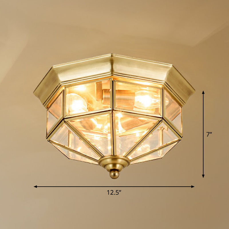 Octagonal Foyer Flush Ceiling Light Antique Glass 3-Bulb Brass Finish Flushmount Lighting