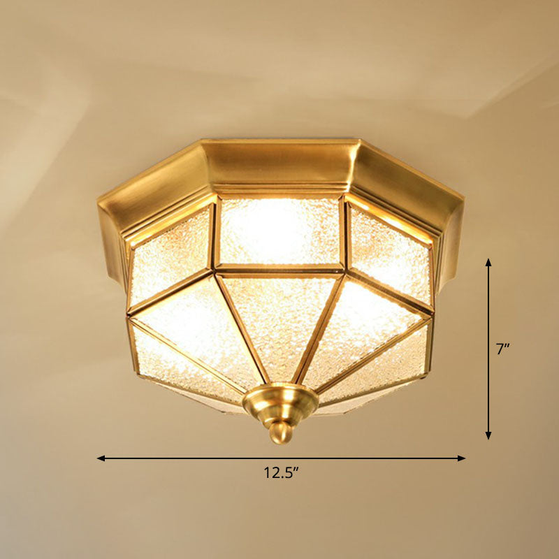 Octagonal Foyer Flush Ceiling Light Antique Glass 3-Bulb Brass Finish Flushmount Lighting