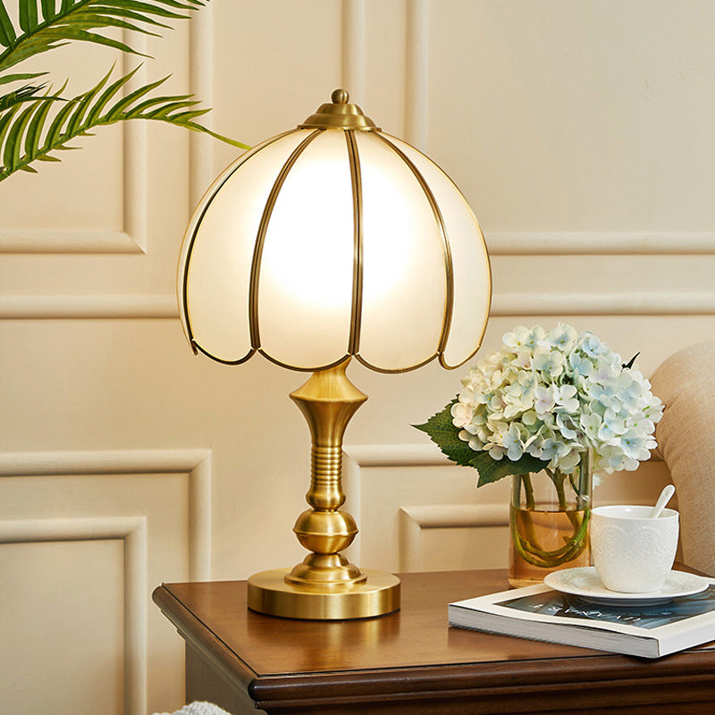 Brass Scalloped Nightstand Lamp Simplicity Beveled Glass 1-Light Bedroom Table Lighting