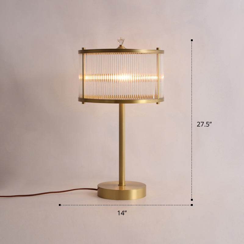 Simplicity Drum Shade Nightstand Lamp 1 Bulb Clear Glass Rod Table Lighting in Brass for Bedside