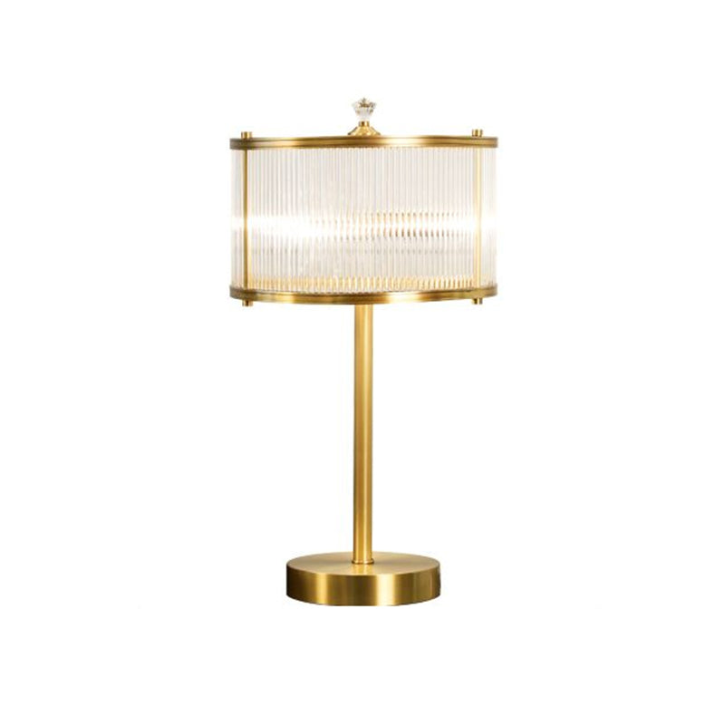 Simplicity Drum Shade Nightstand Lamp 1 Bulb Clear Glass Rod Table Lighting in Brass for Bedside