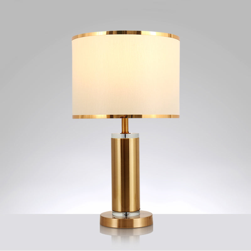 Cylinder Bedroom Table Lighting Minimalist Fabric 1-Light Brass Nightstand Lamp with Drum Fabric Shade