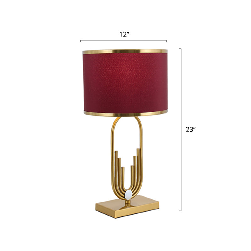 Fabric Drum Nightstand Lamp Simplicity 1 Bulb Bedside Table Lighting in Red for Living Room