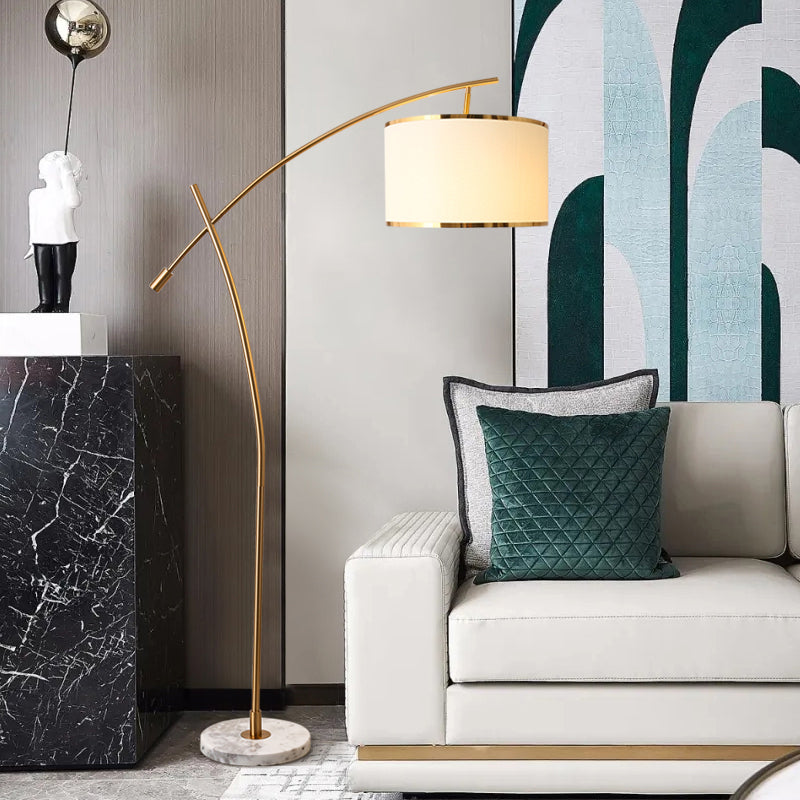 Minimalist Drum Standing Light 1-Light Fabric Floor Lamp with Marble Base in White