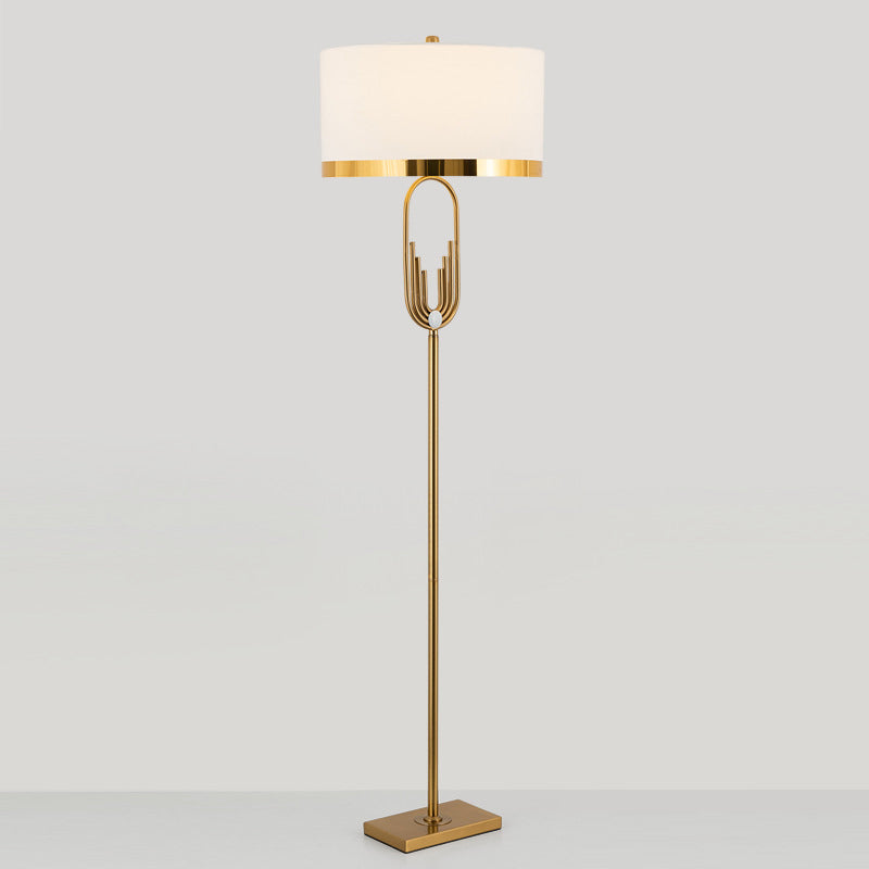 Fabric Drum Floor Lamp Vintage Single-Bulb Living Room Standing Lighting in Brass