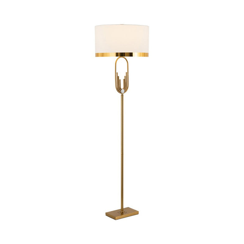 Fabric Drum Floor Lamp Vintage Single-Bulb Living Room Standing Lighting in Brass