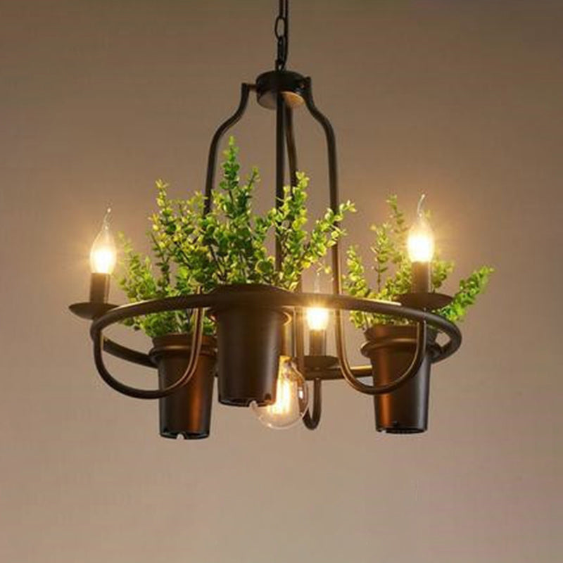 Circle Dining Room Chandelier Country Metallic 4-Light Green Pendant Light with Leaf Decoration