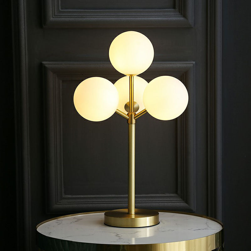 Gold Ball Tree Shaped Table Light Post-Modern 4 Lights Cream Glass Night Stand Lamp