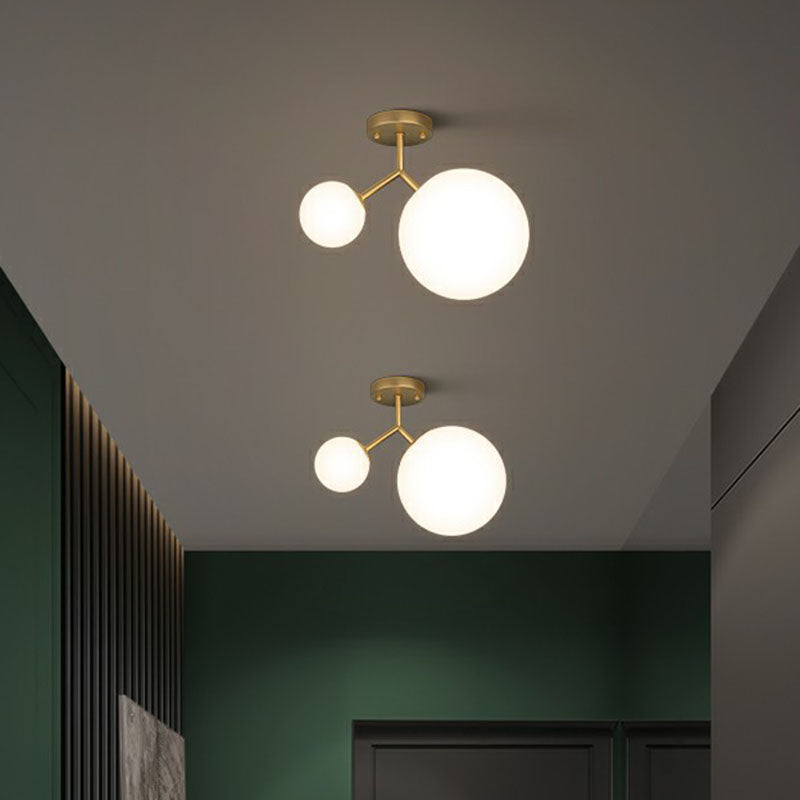 Spherical Semi Flush Mount Ceiling Light Minimalist Milky Glass 2-Head Gold Flushmount Lighting