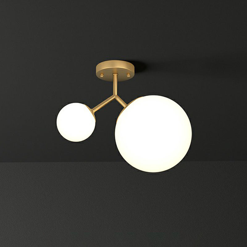 Spherical Semi Flush Mount Ceiling Light Minimalist Milky Glass 2-Head Gold Flushmount Lighting