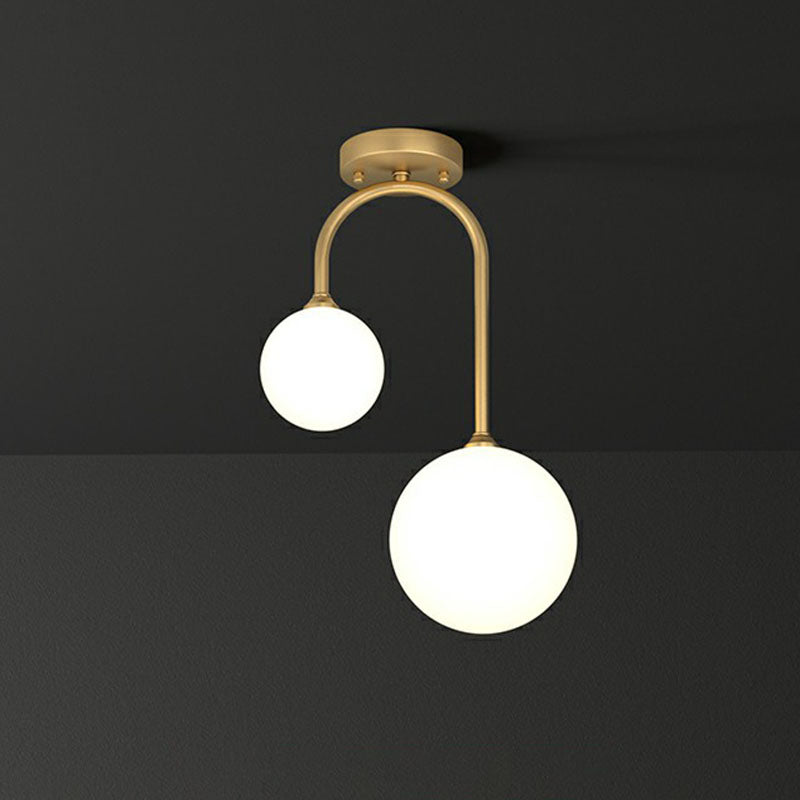 Spherical Semi Flush Mount Ceiling Light Minimalist Milky Glass 2-Head Gold Flushmount Lighting