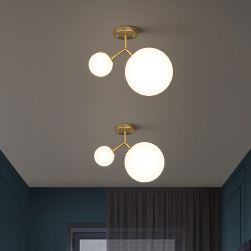 Spherical Semi Flush Mount Ceiling Light Minimalist Milky Glass 2-Head Gold Flushmount Lighting