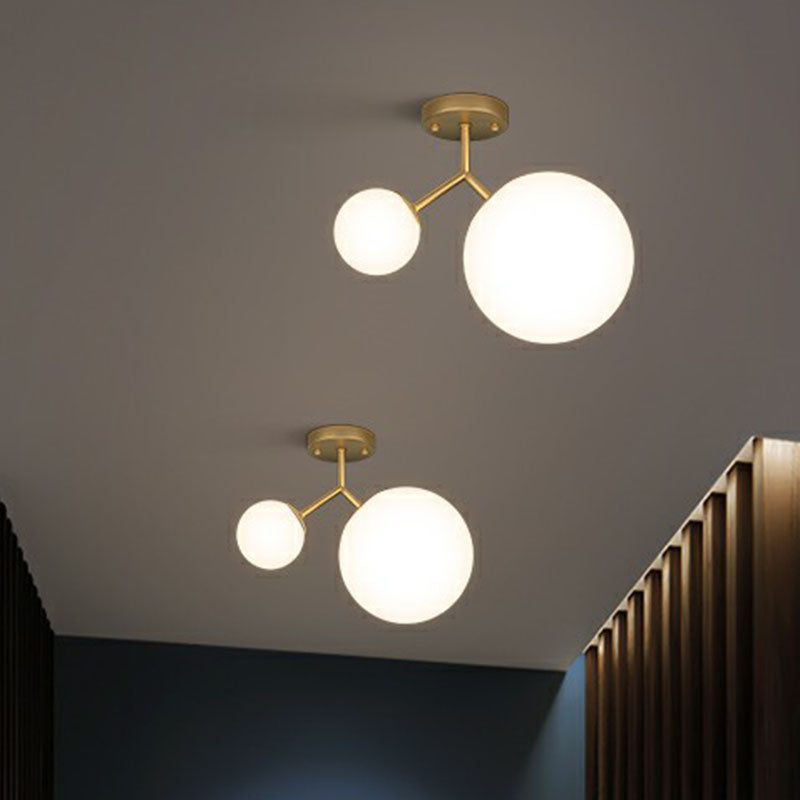 Spherical Semi Flush Mount Ceiling Light Minimalist Milky Glass 2-Head Gold Flushmount Lighting