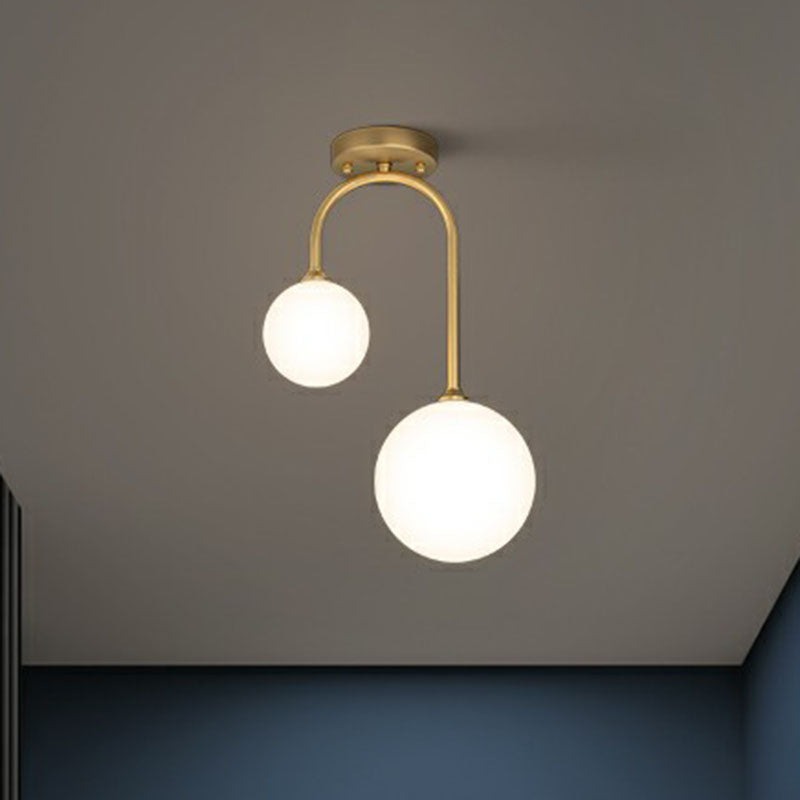 Spherical Semi Flush Mount Ceiling Light Minimalist Milky Glass 2-Head Gold Flushmount Lighting