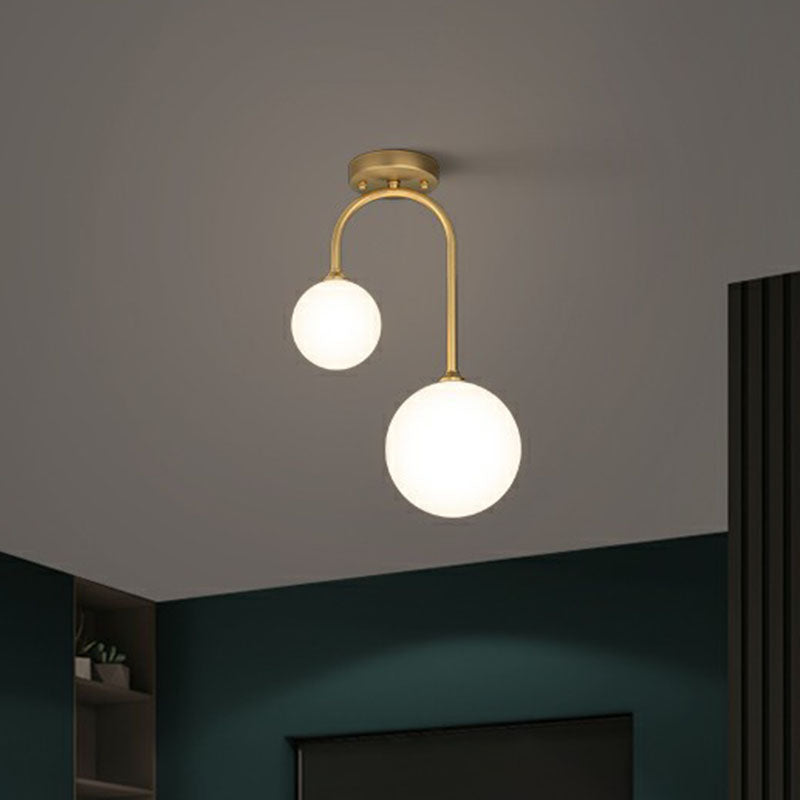 Spherical Semi Flush Mount Ceiling Light Minimalist Milky Glass 2-Head Gold Flushmount Lighting