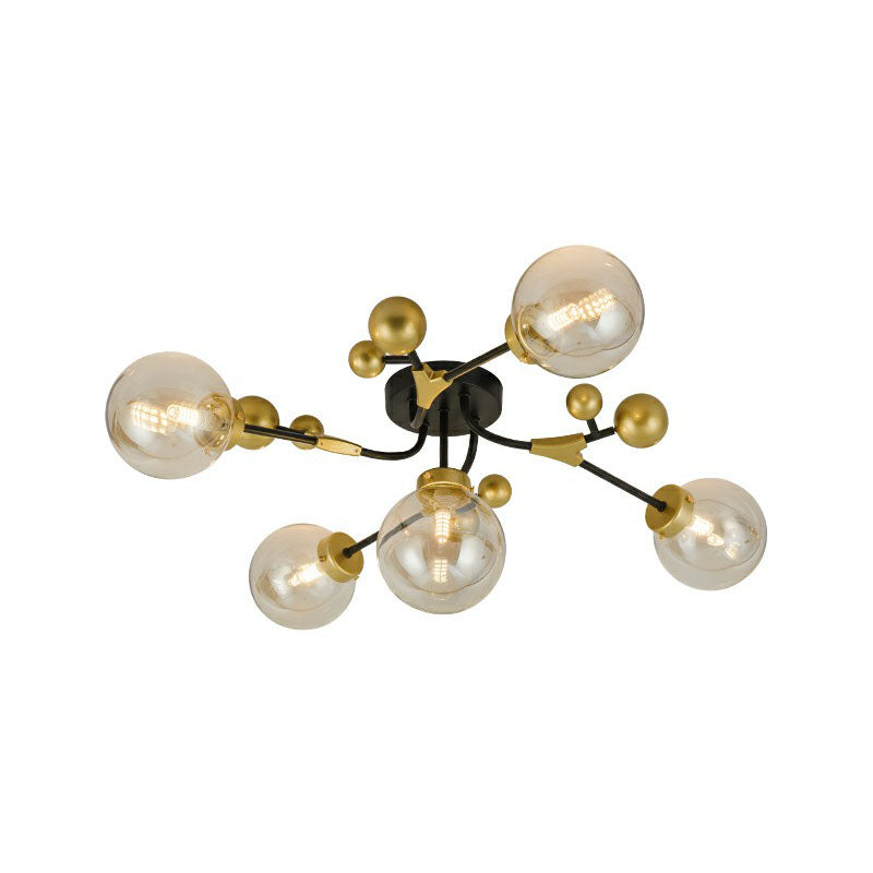 Postmodern 5 Bulbs Semi Flush Light Black and Brass Molecular Ceiling Light with Glass Shade