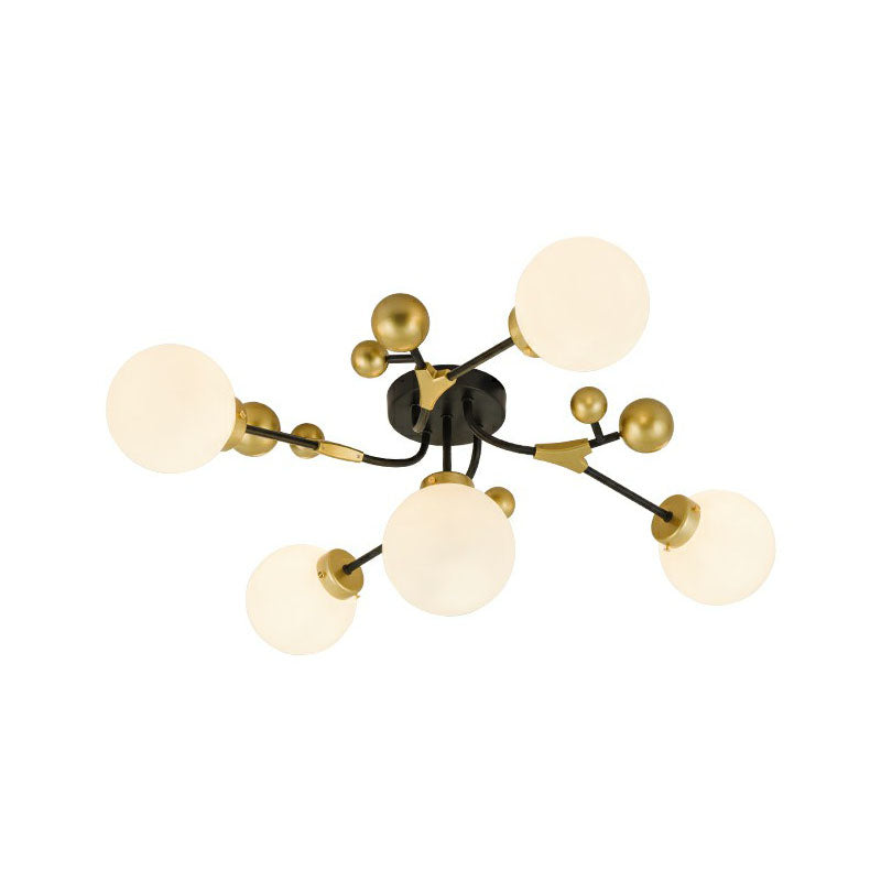 Postmodern 5 Bulbs Semi Flush Light Black and Brass Molecular Ceiling Light with Glass Shade