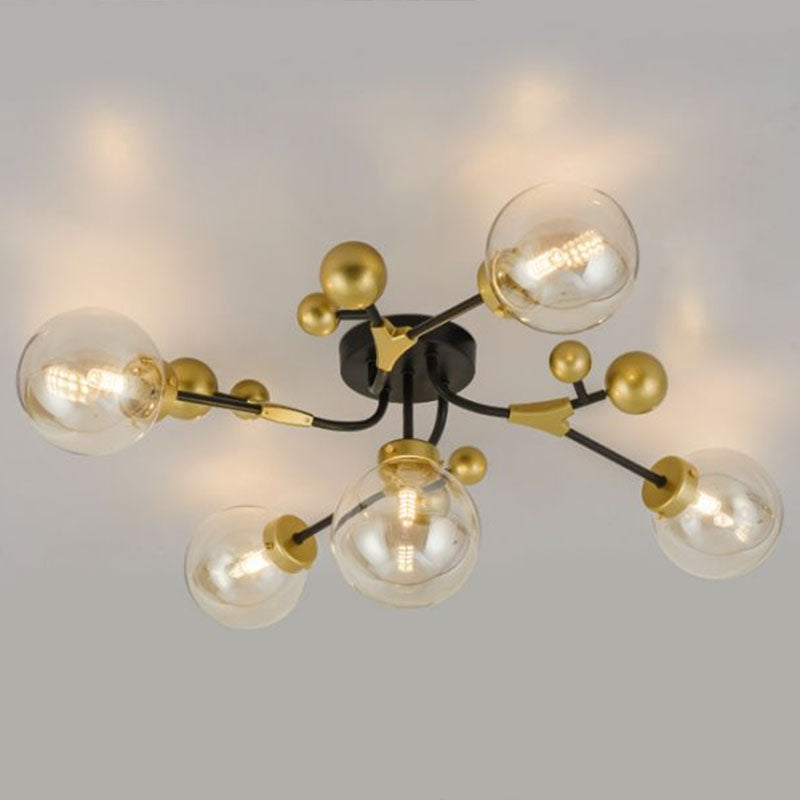 Postmodern 5 Bulbs Semi Flush Light Black and Brass Molecular Ceiling Light with Glass Shade