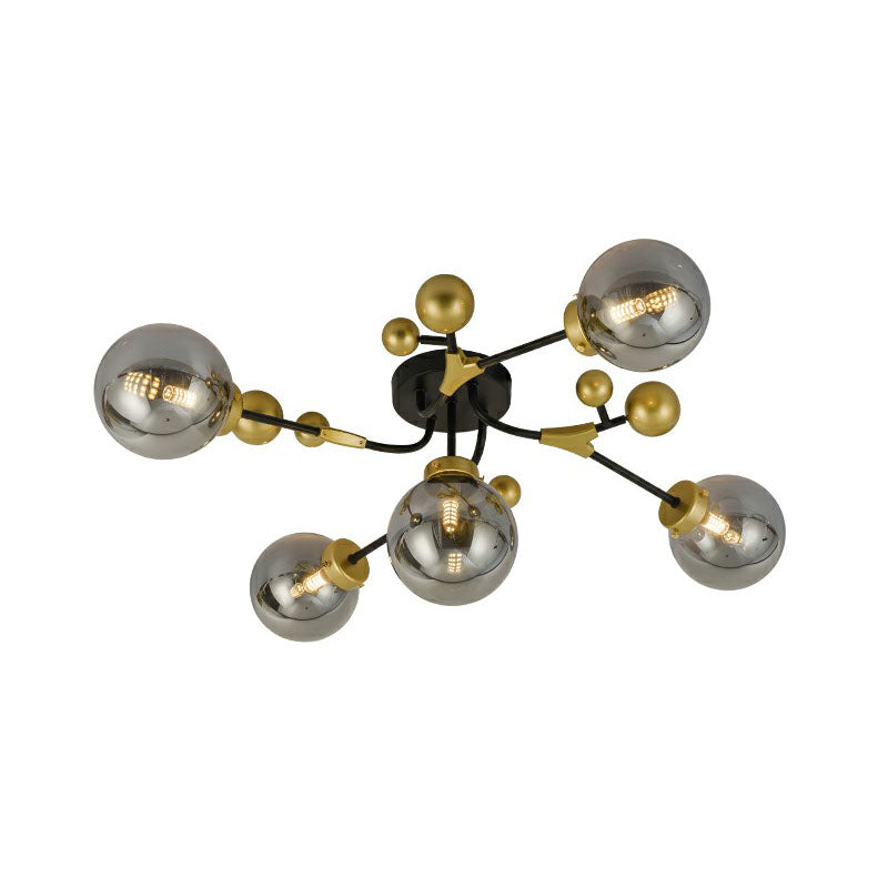 Postmodern 5 Bulbs Semi Flush Light Black and Brass Molecular Ceiling Light with Glass Shade