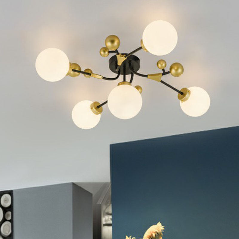 Postmodern 5 Bulbs Semi Flush Light Black and Brass Molecular Ceiling Light with Glass Shade