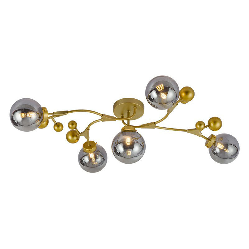 Postmodern 5 Bulbs Semi Flush Light Black and Brass Molecular Ceiling Light with Glass Shade