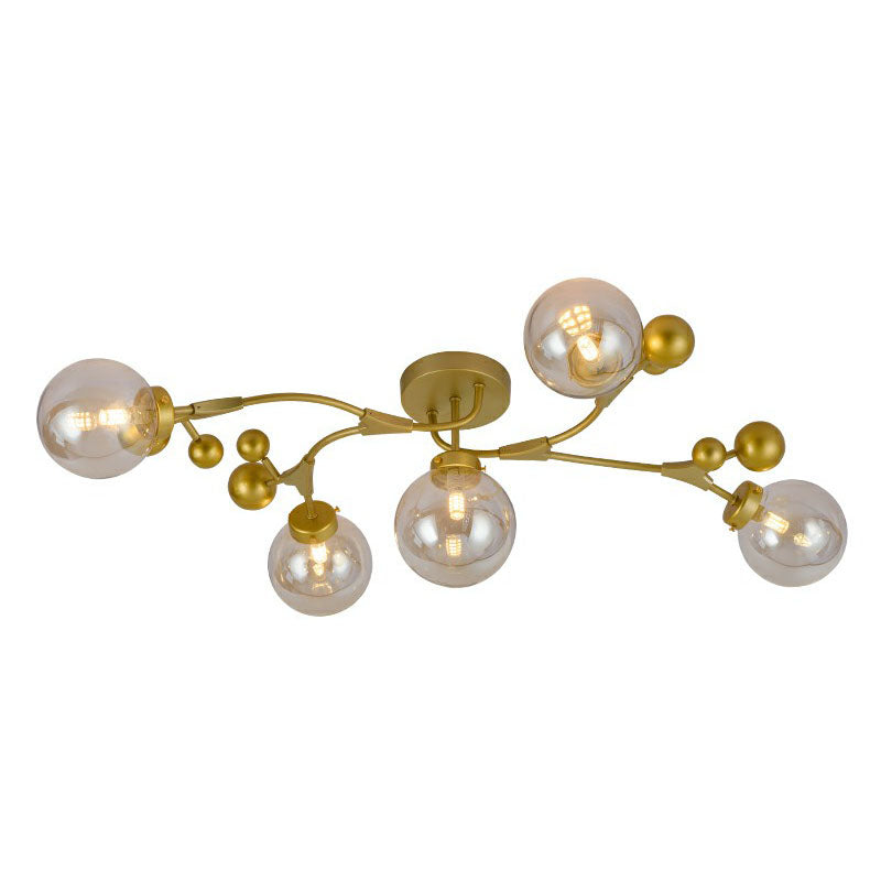 Postmodern 5 Bulbs Semi Flush Light Black and Brass Molecular Ceiling Light with Glass Shade