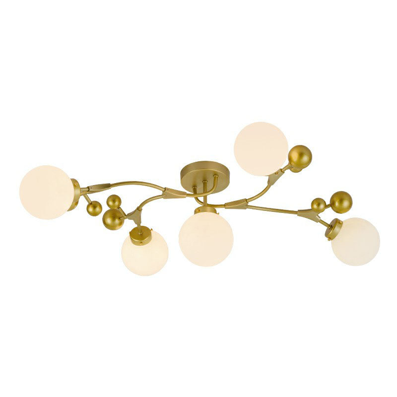 Postmodern 5 Bulbs Semi Flush Light Black and Brass Molecular Ceiling Light with Glass Shade