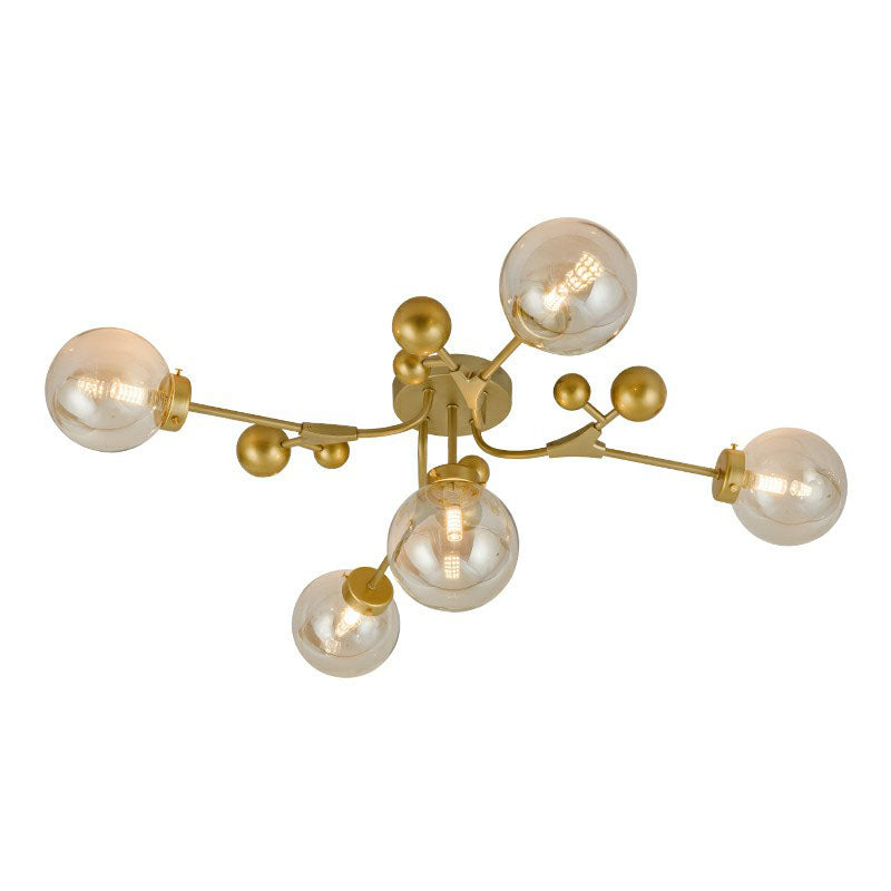 Postmodern 5 Bulbs Semi Flush Light Black and Brass Molecular Ceiling Light with Glass Shade