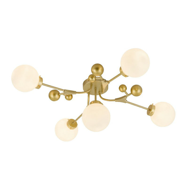 Postmodern 5 Bulbs Semi Flush Light Black and Brass Molecular Ceiling Light with Glass Shade