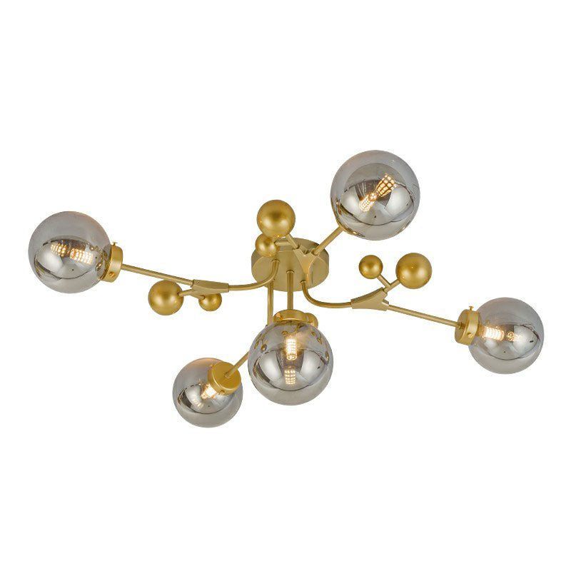 Postmodern 5 Bulbs Semi Flush Light Black and Brass Molecular Ceiling Light with Glass Shade